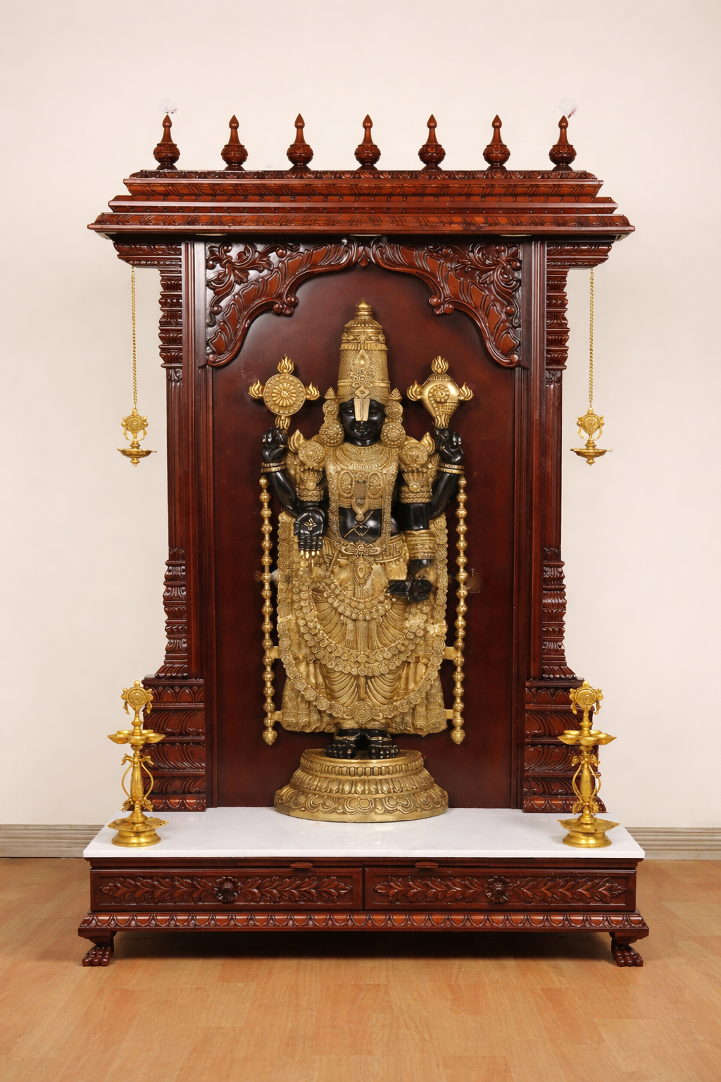 Lord Venkateswara (Tirupati Balaji) Idol with Handcrafted Wooden Temple Mantap – 6 Ft