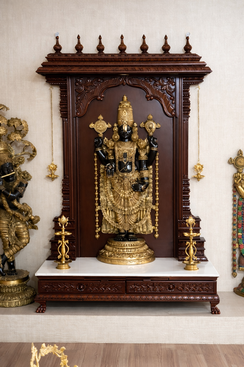 Lord Venkateswara (Tirupati Balaji) Brass Idol with Handcrafted Wooden Temple Mantap – 6 Ft